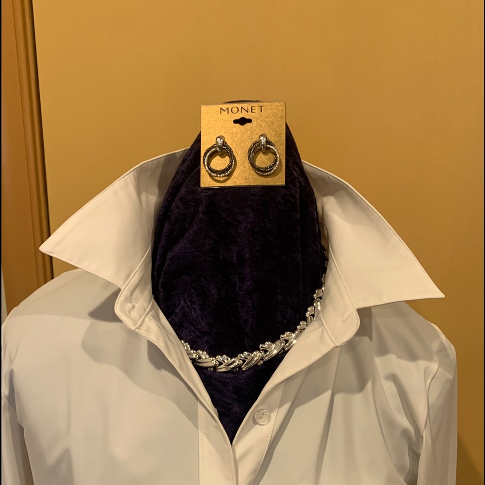 2 Silvertone necklaces One set of earrings!